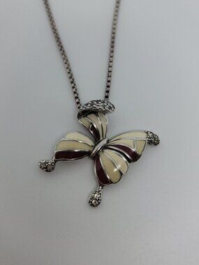 Synthetic Diamond, Enamel & Sterling Butterfly Necklace